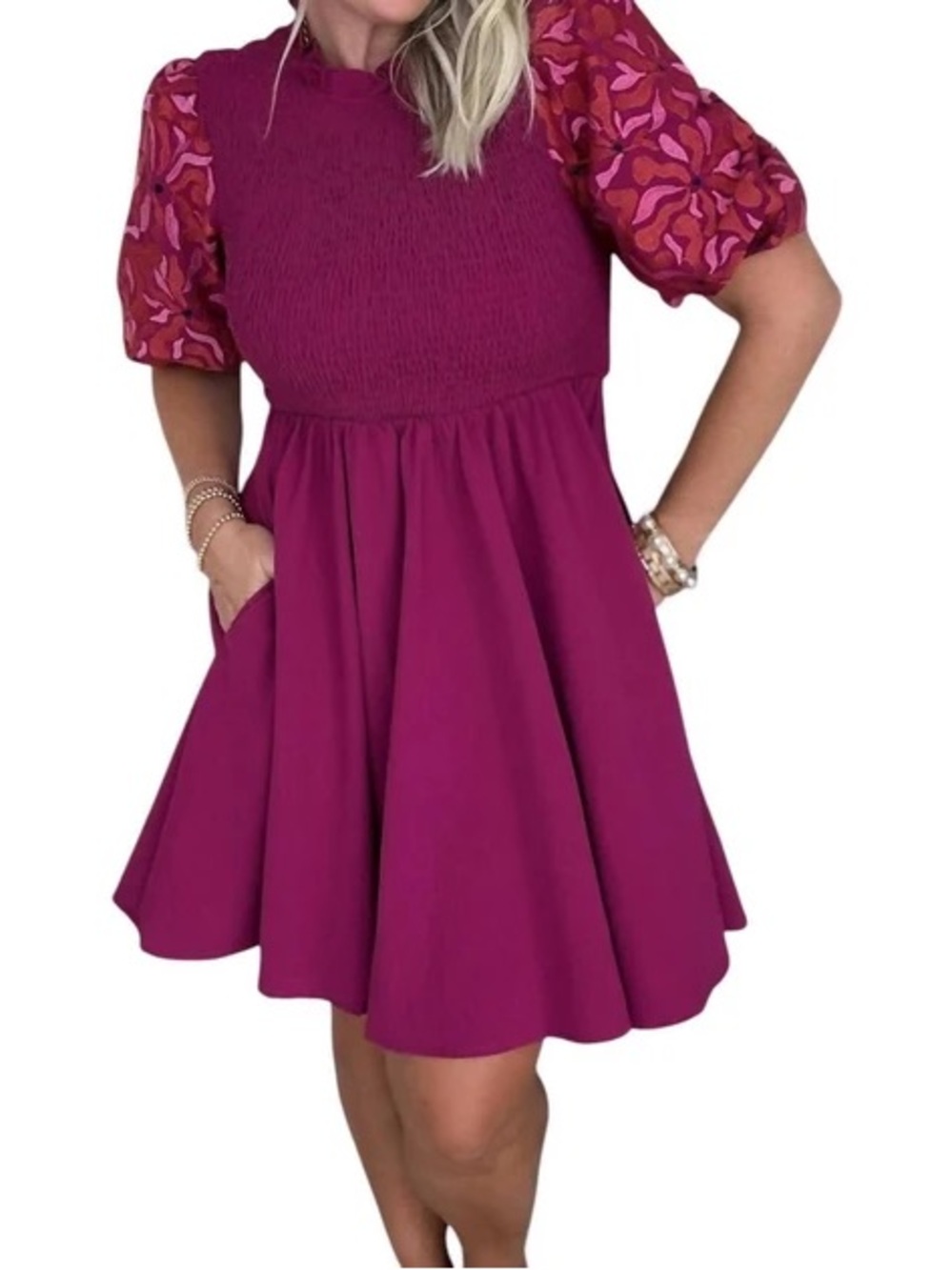 Entro Stitched Puff Sleeve Dress In Plum Sz L